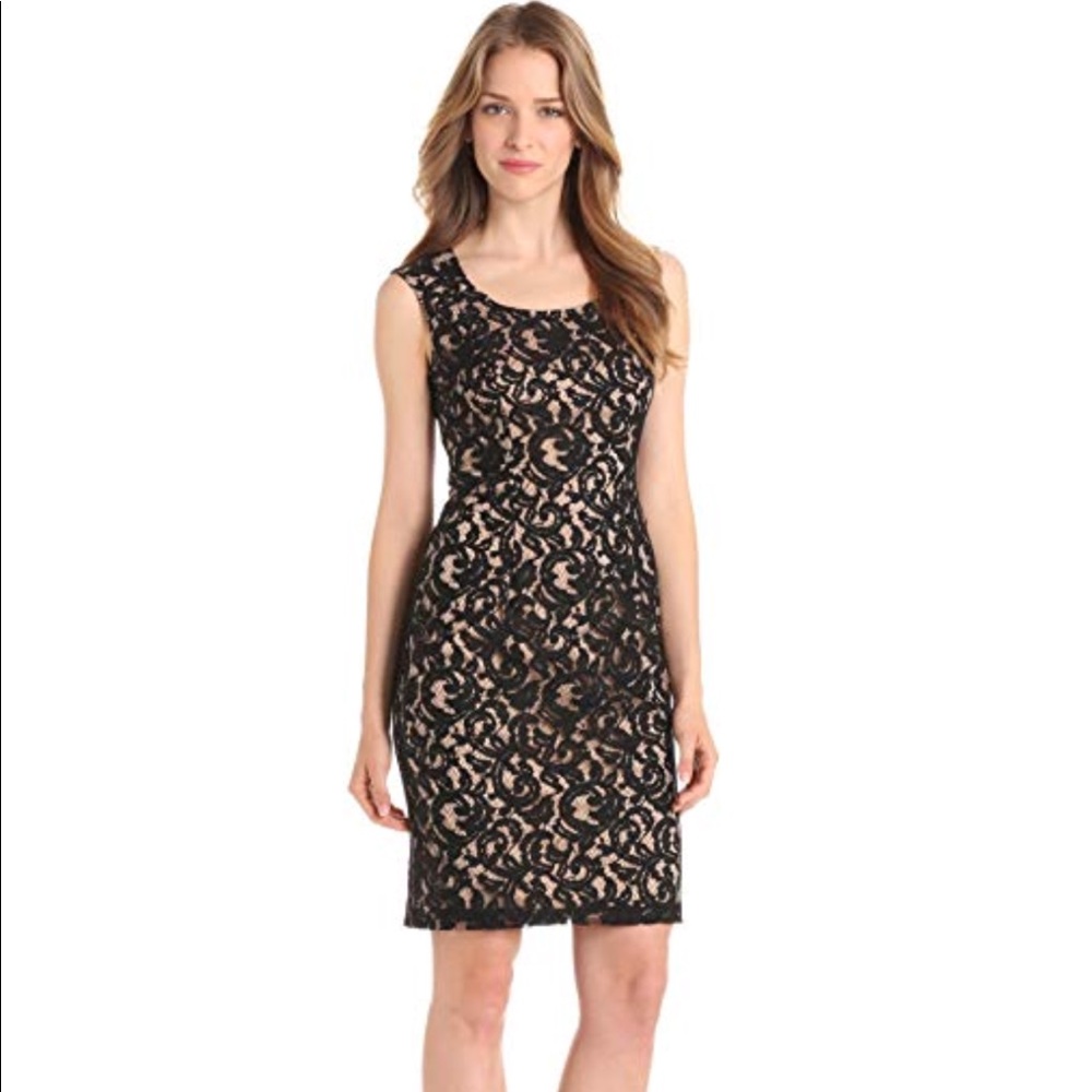 🔥ADRIANNA PAPELL: Nude-BLCK Date Night Lace Dress
